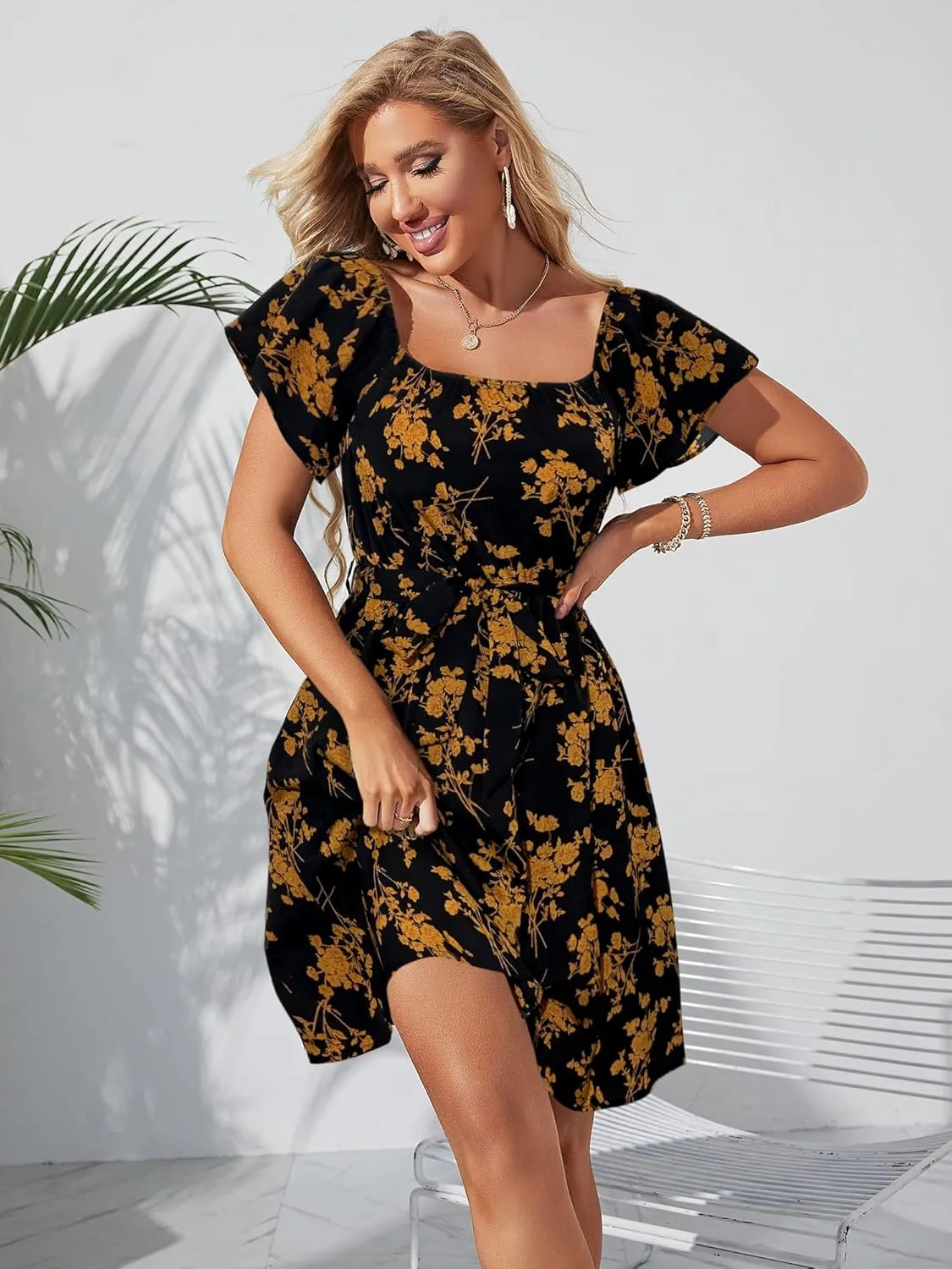 Womens Off Shoulder Ruffle Floral Summer Wedding Guest Dresses A Line Shift Short Skater Dress with Belt