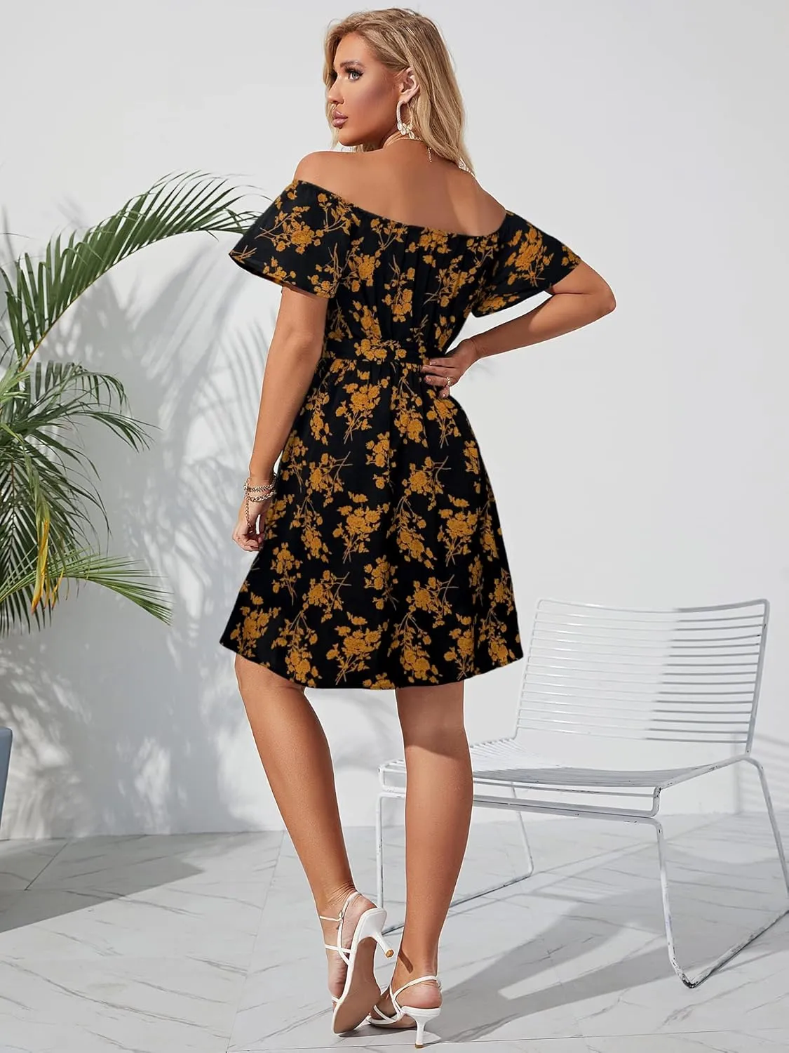 Womens Off Shoulder Ruffle Floral Summer Wedding Guest Dresses A Line Shift Short Skater Dress with Belt