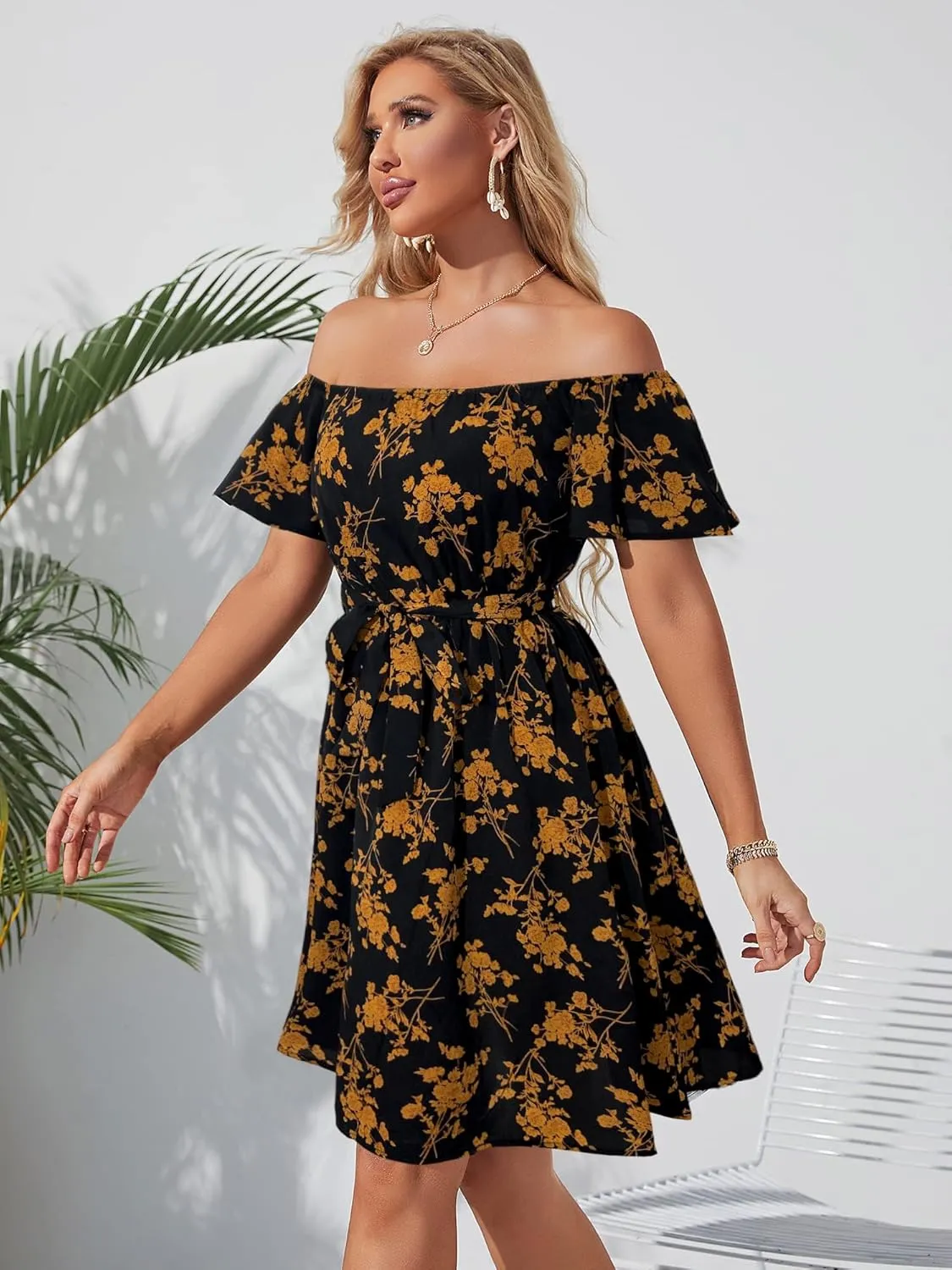 Womens Off Shoulder Ruffle Floral Summer Wedding Guest Dresses A Line Shift Short Skater Dress with Belt