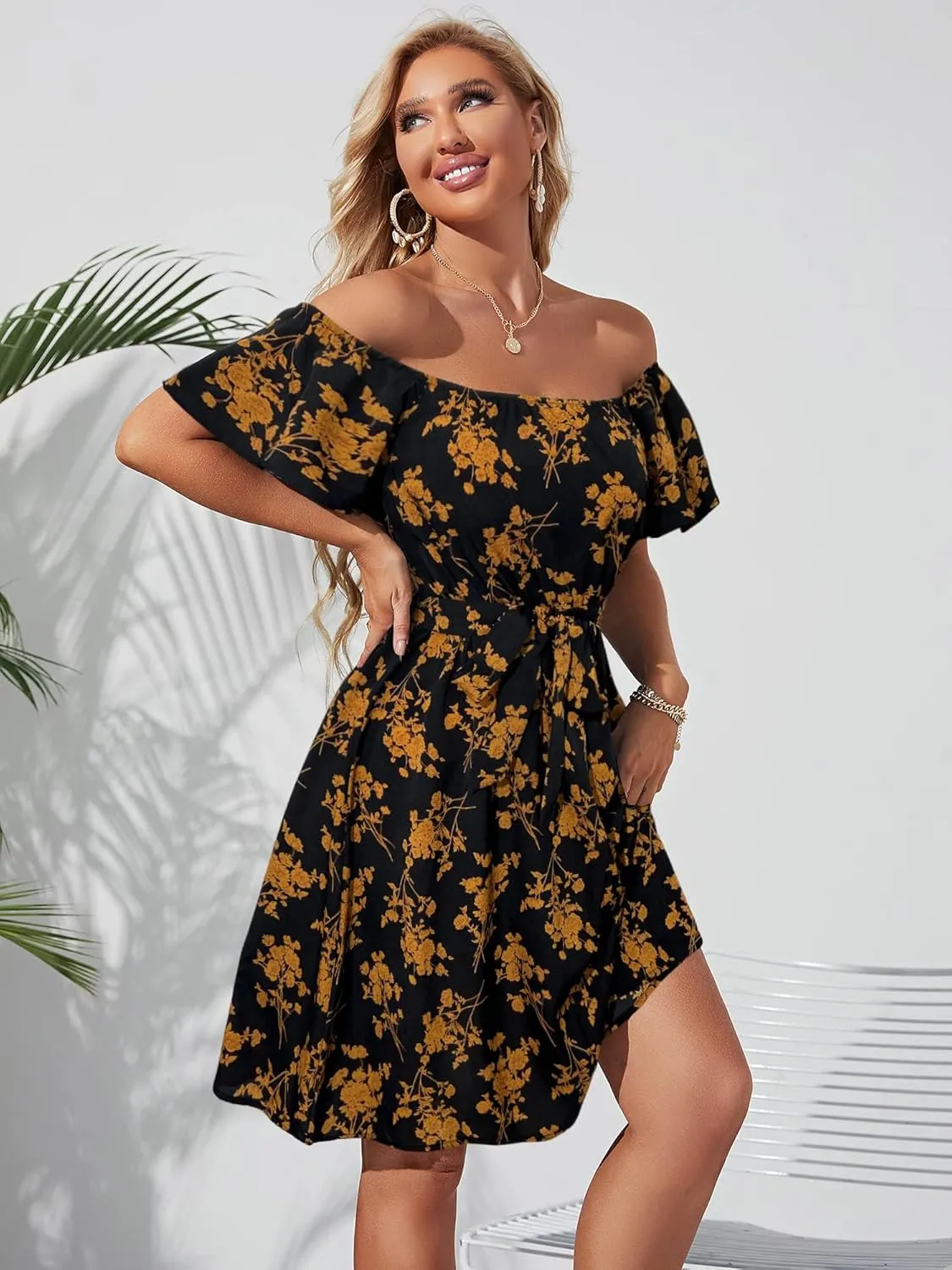 Womens Off Shoulder Ruffle Floral Summer Wedding Guest Dresses A Line Shift Short Skater Dress with Belt