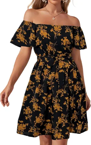 Womens Off Shoulder Ruffle Floral Summer Wedding Guest Dresses A Line Shift Short Skater Dress with Belt