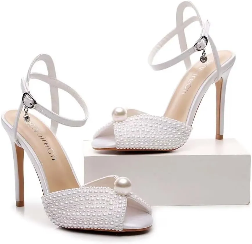 Womens Pearls Wedding Sandals Open Toe Stiletto 4" Heeled Sandals Bridal Pearl High Heels for Evening Party