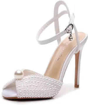 Womens Pearls Wedding Sandals Open Toe Stiletto 4" Heeled Sandals Bridal Pearl High Heels for Evening Party