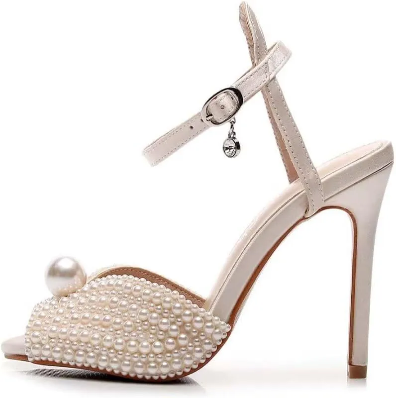 Womens Pearls Wedding Sandals Open Toe Stiletto 4" Heeled Sandals Bridal Pearl High Heels for Evening Party