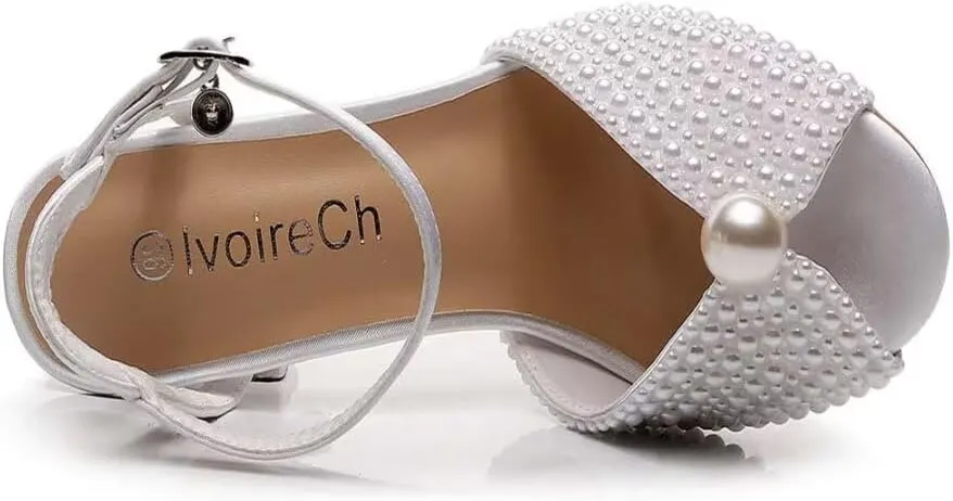 Womens Pearls Wedding Sandals Open Toe Stiletto 4" Heeled Sandals Bridal Pearl High Heels for Evening Party