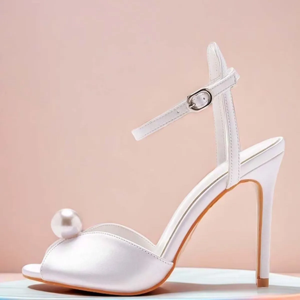 Womens Pearls Wedding Sandals Open Toe Stiletto 4" Heeled Sandals Bridal Pearl High Heels for Evening Party