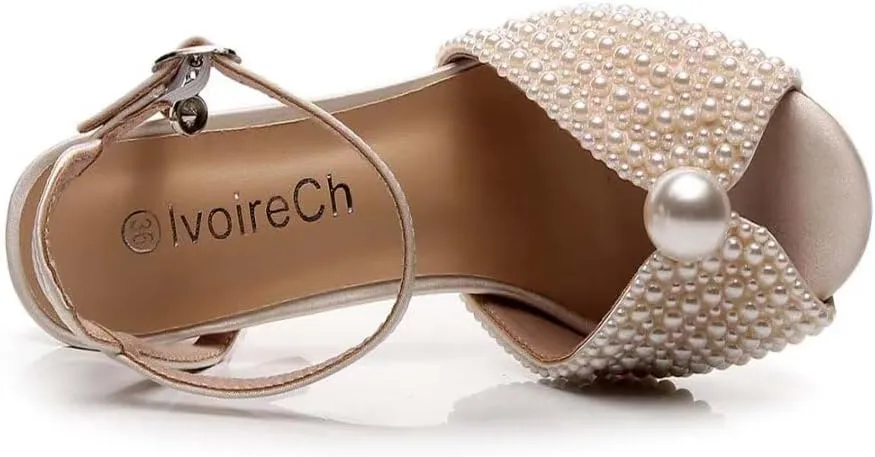 Womens Pearls Wedding Sandals Open Toe Stiletto 4" Heeled Sandals Bridal Pearl High Heels for Evening Party