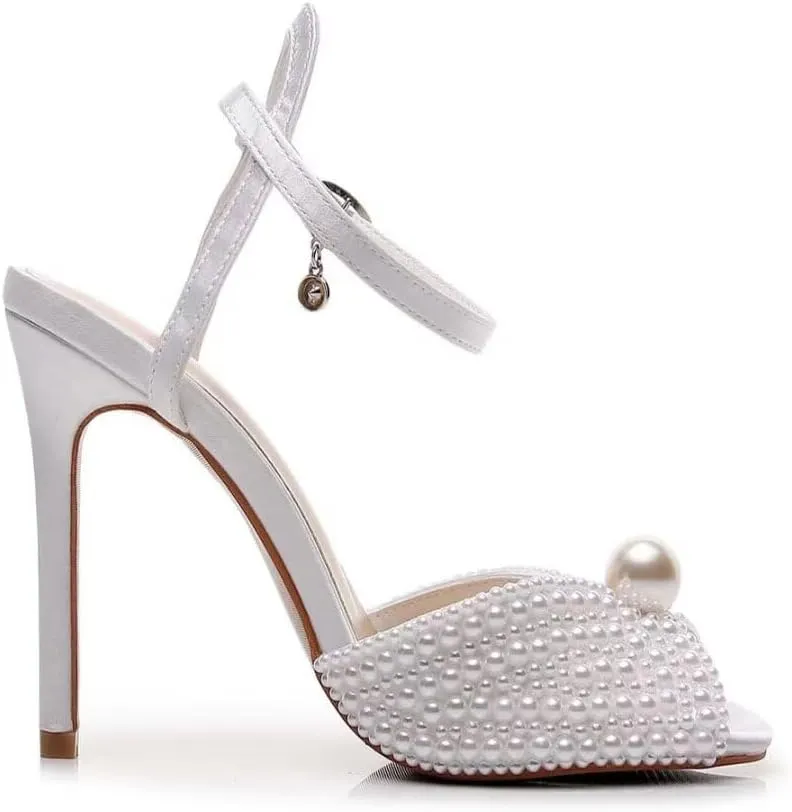 Womens Pearls Wedding Sandals Open Toe Stiletto 4" Heeled Sandals Bridal Pearl High Heels for Evening Party