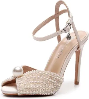 Womens Pearls Wedding Sandals Open Toe Stiletto 4" Heeled Sandals Bridal Pearl High Heels for Evening Party