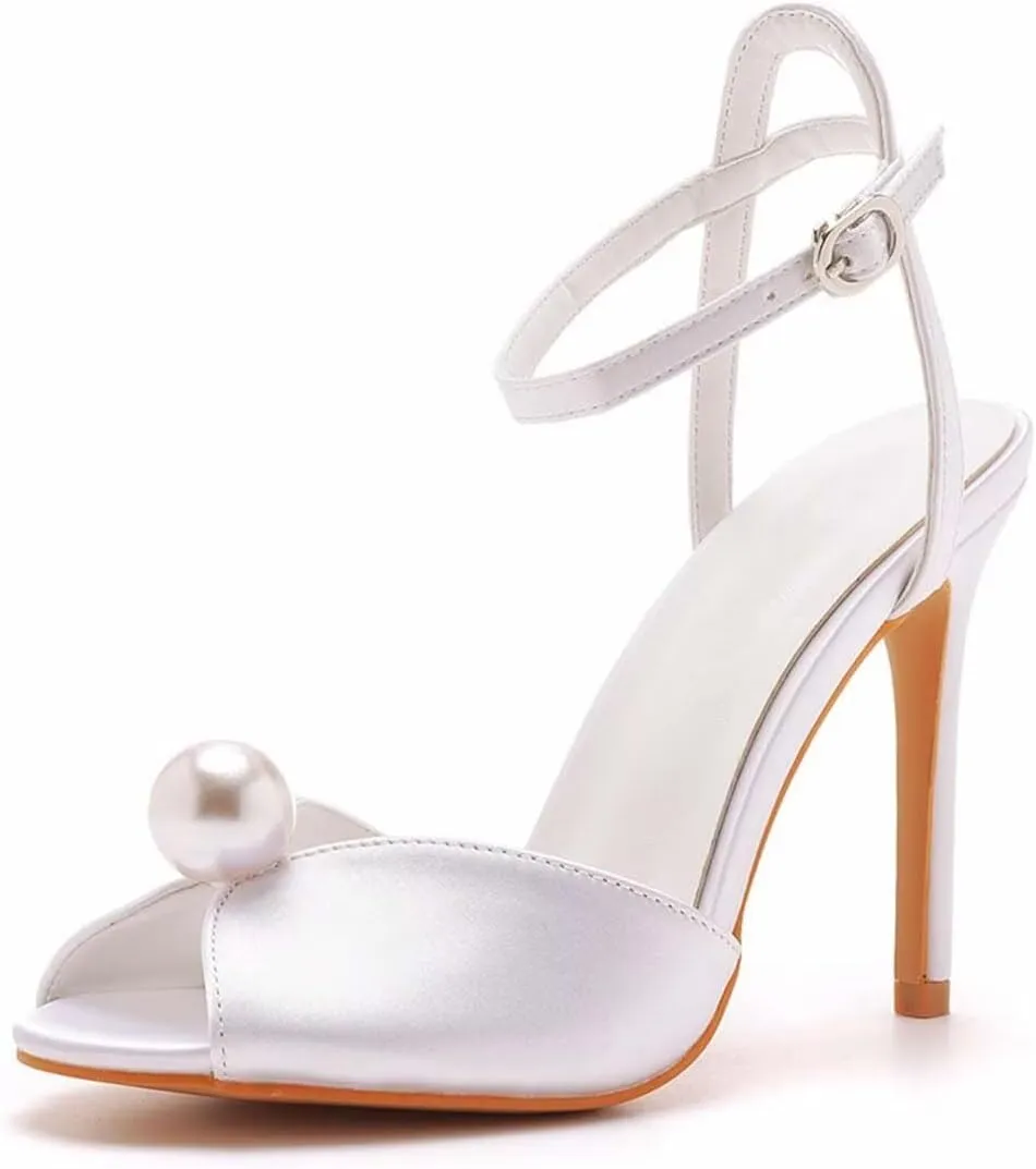 Womens Pearls Wedding Sandals Open Toe Stiletto 4" Heeled Sandals Bridal Pearl High Heels for Evening Party