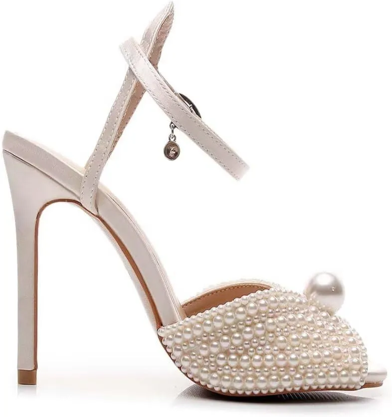 Womens Pearls Wedding Sandals Open Toe Stiletto 4" Heeled Sandals Bridal Pearl High Heels for Evening Party