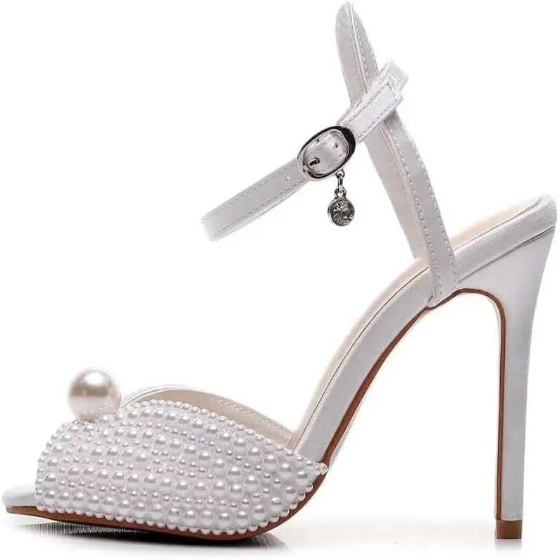 Womens Pearls Wedding Sandals Open Toe Stiletto 4" Heeled Sandals Bridal Pearl High Heels for Evening Party
