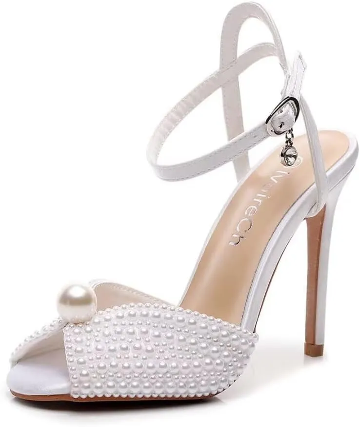 Womens Pearls Wedding Sandals Open Toe Stiletto 4" Heeled Sandals Bridal Pearl High Heels for Evening Party
