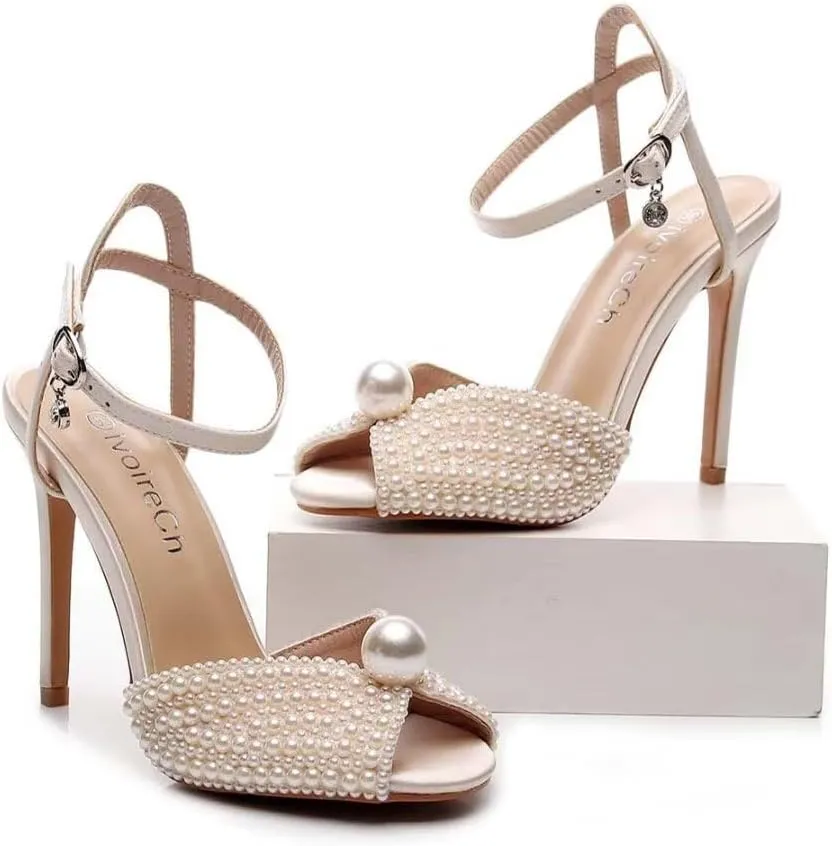Womens Pearls Wedding Sandals Open Toe Stiletto 4" Heeled Sandals Bridal Pearl High Heels for Evening Party