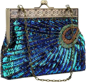 Womens Sequin Beaded Evening Bag Vintage Peacock Clutch Bags Wedding Party Handbag Clutch Purse for Women