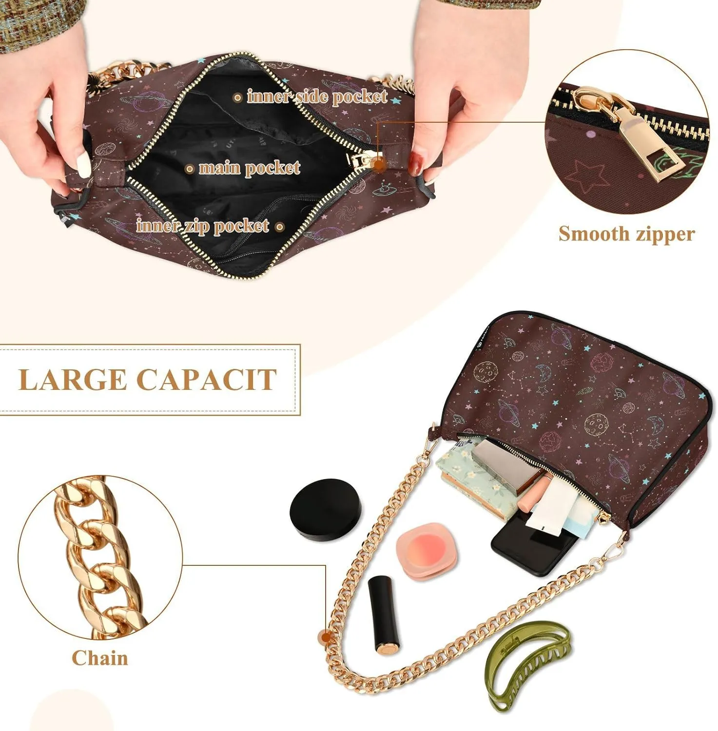 Women's Shoulder Handbags Chain Shoulder Brace for Women Bag Space Pattern Ladies Vacation Handbags Tote Purse,Multi1