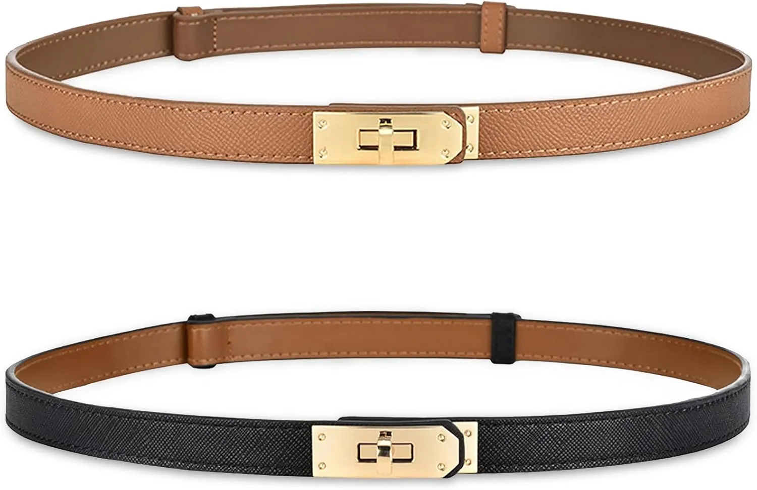 Women's Skinny Leather Belt with Adjustable Silver Turn-Lock Buckle - Ideal for Dresses, Jeans, and Coats, Black