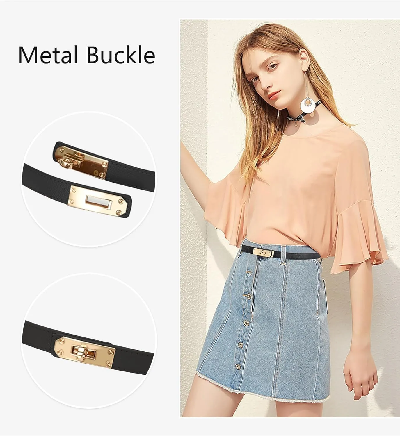Women's Skinny Leather Belt with Adjustable Silver Turn-Lock Buckle - Ideal for Dresses, Jeans, and Coats, Black
