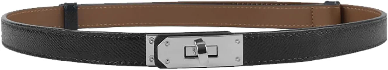 Women's Skinny Leather Belt with Adjustable Silver Turn-Lock Buckle - Ideal for Dresses, Jeans, and Coats, Black