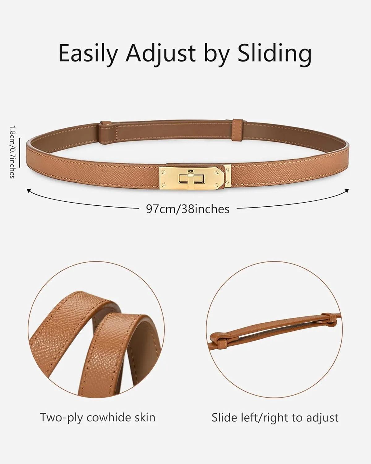 Women's Skinny Leather Belt with Adjustable Silver Turn-Lock Buckle - Ideal for Dresses, Jeans, and Coats, Black