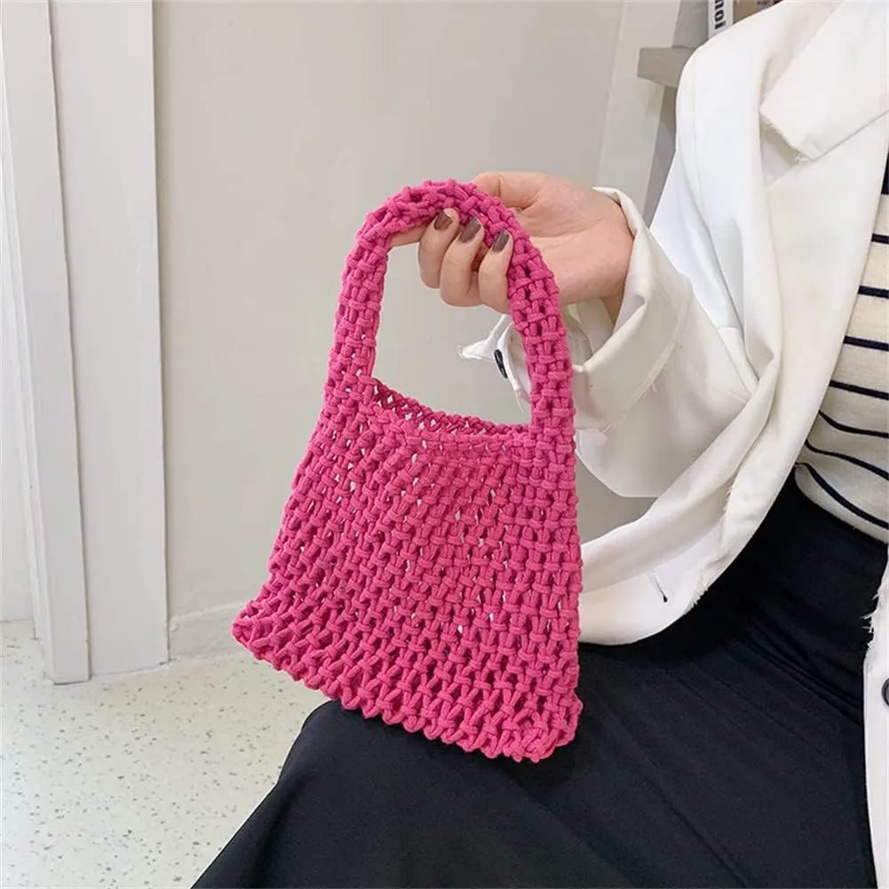 Womens Straw Bag Cotton Thread Woven Bag Portable Net Bag Summer Bucket Handbag Beach Hollow Bucket Purse