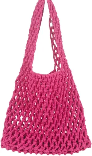 Womens Straw Bag Cotton Thread Woven Bag Portable Net Bag Summer Bucket Handbag Beach Hollow Bucket Purse