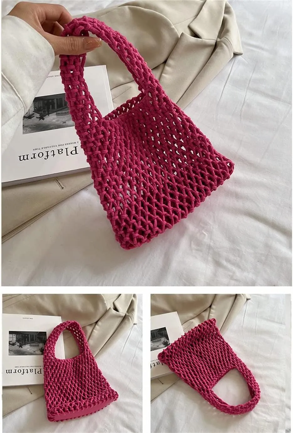Womens Straw Bag Cotton Thread Woven Bag Portable Net Bag Summer Bucket Handbag Beach Hollow Bucket Purse
