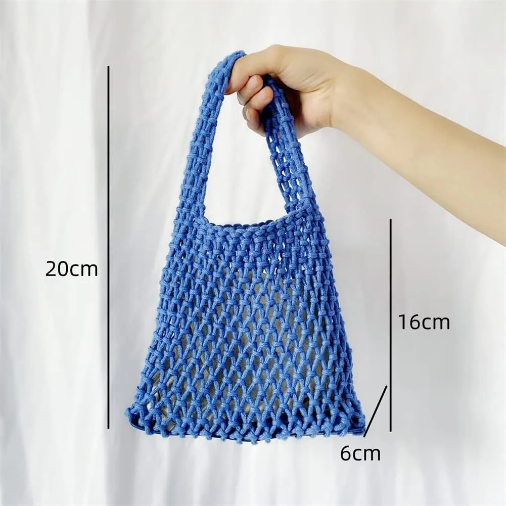 Womens Straw Bag Cotton Thread Woven Bag Portable Net Bag Summer Bucket Handbag Beach Hollow Bucket Purse