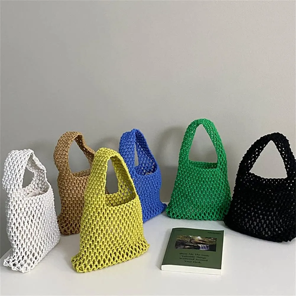 Womens Straw Bag Cotton Thread Woven Bag Portable Net Bag Summer Bucket Handbag Beach Hollow Bucket Purse