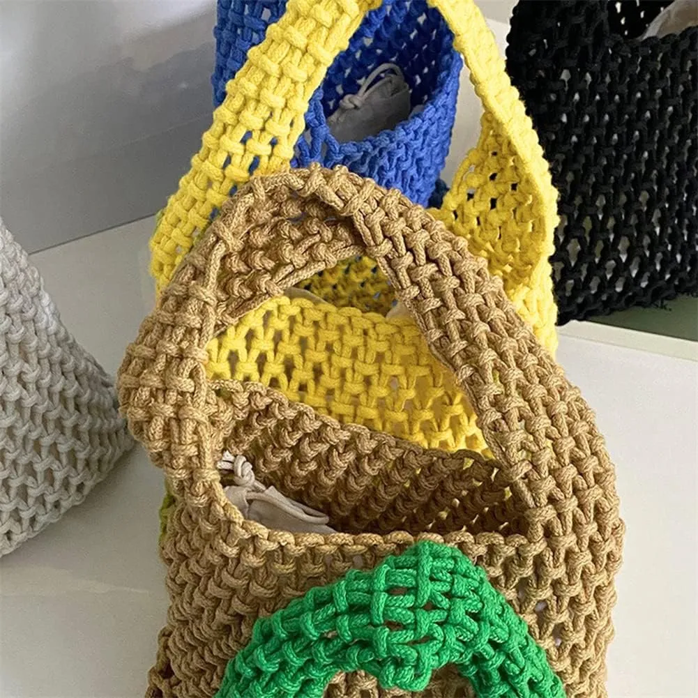 Womens Straw Bag Cotton Thread Woven Bag Portable Net Bag Summer Bucket Handbag Beach Hollow Bucket Purse