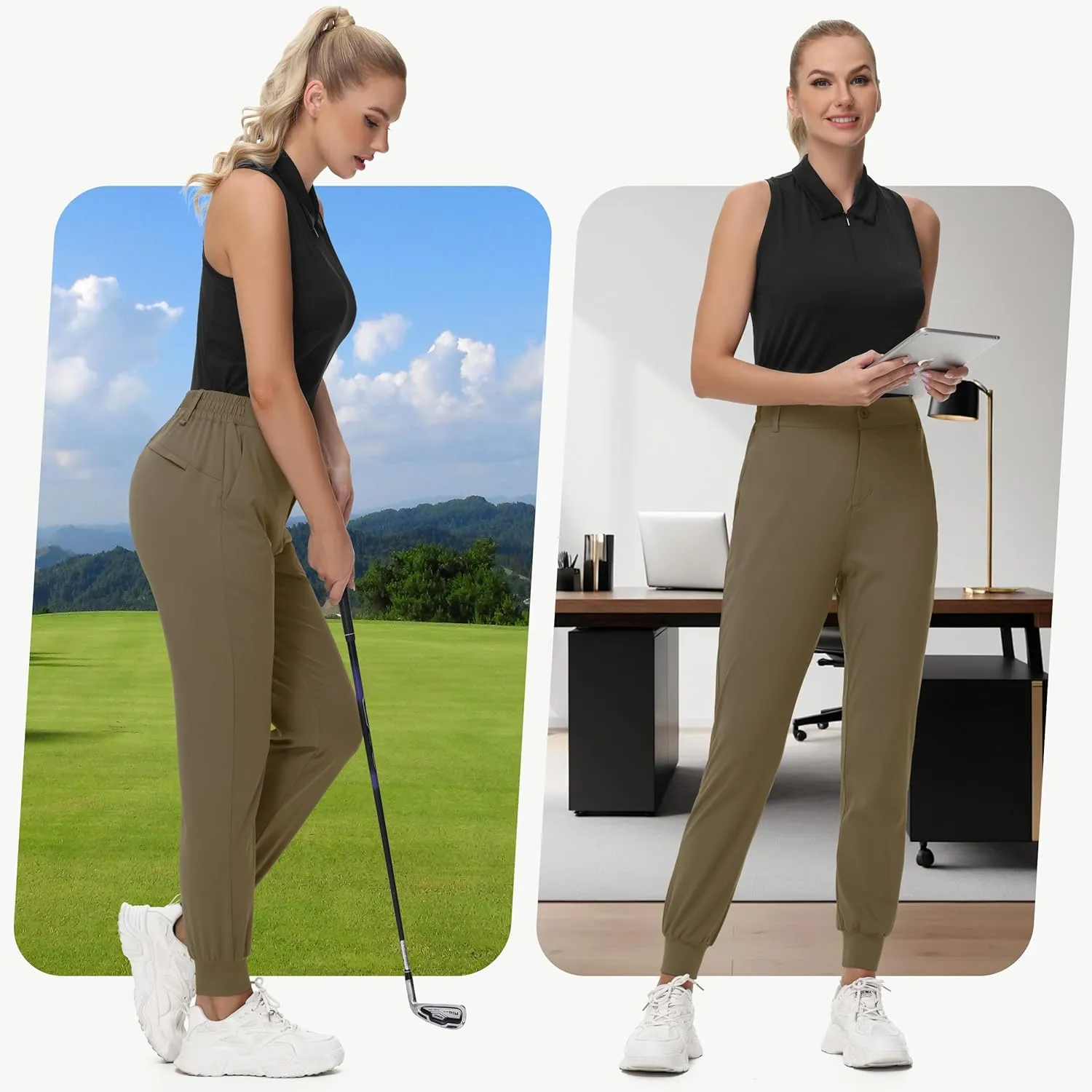 Women's Stretch Golf Joggers Pants - Tapered Athletic Casual Work Dress Travel Sweatpants with Zipper Pockets UP50