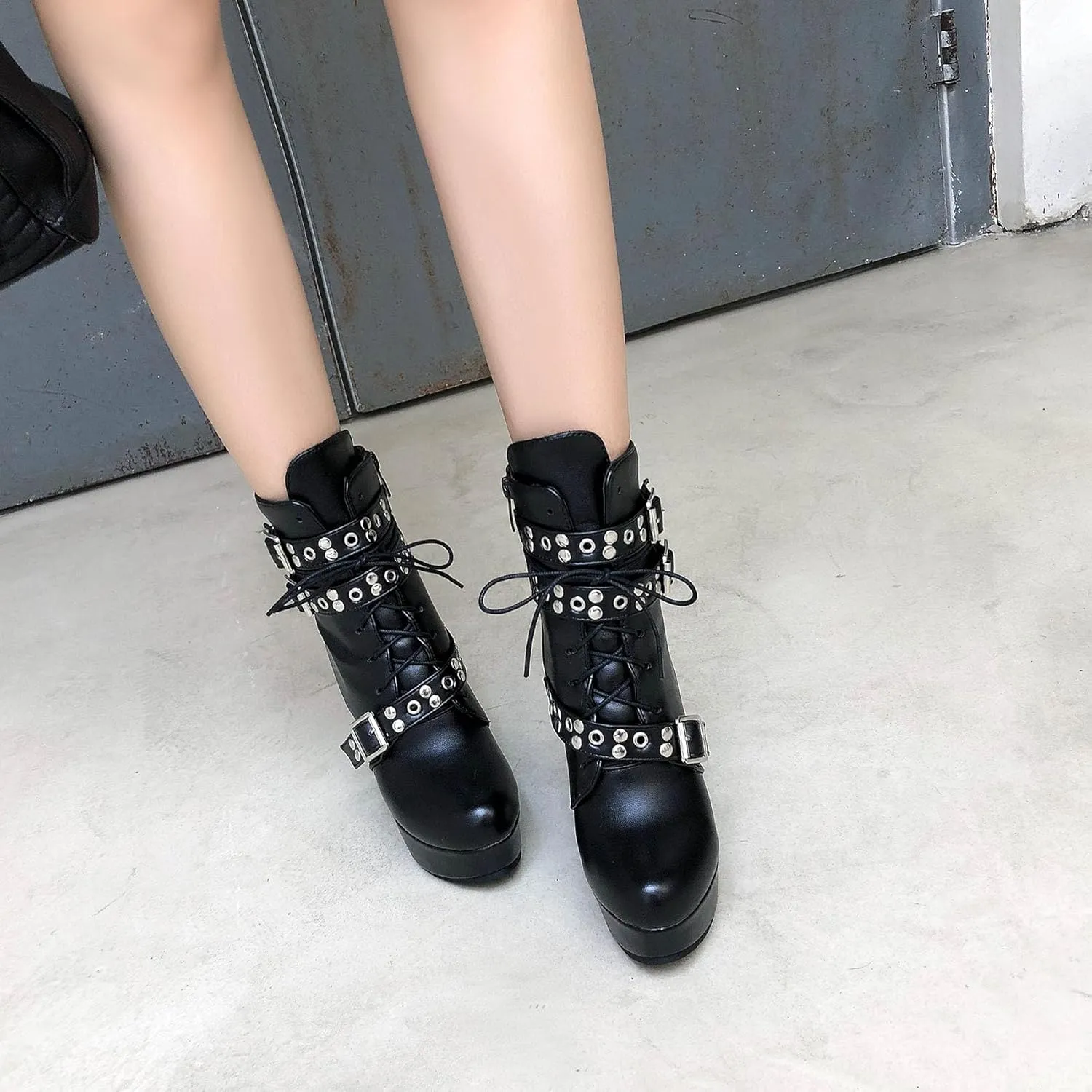 Women's Studded Buckled Combat Boots Chunky Platform Ankle Booties Goth Punk Lace Up Knight Biker Boots Zipper High Heels