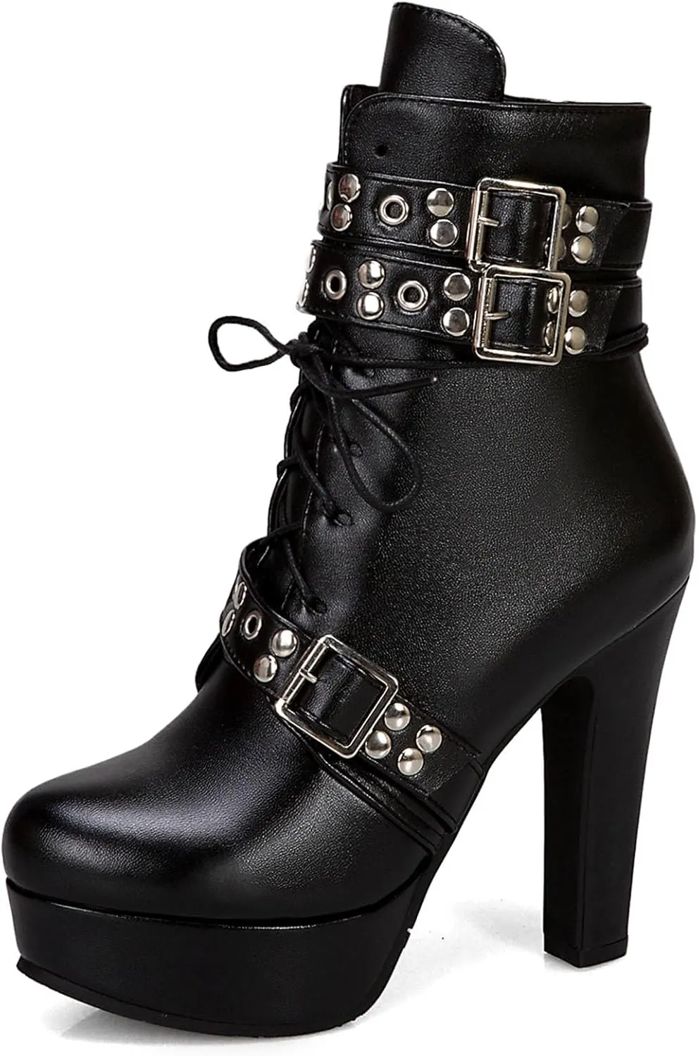 Women's Studded Buckled Combat Boots Chunky Platform Ankle Booties Goth Punk Lace Up Knight Biker Boots Zipper High Heels