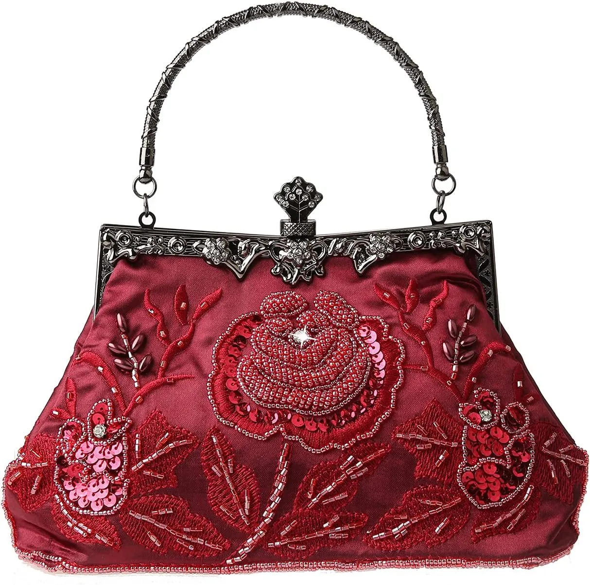 Womens Vintage Floral Beaded Rhinestone Embroidery Clutch Sequin Crossbody Bag Evening Handbag for Bridal Wedding Party Prom