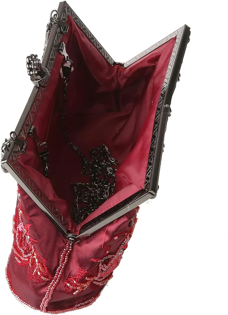 Womens Vintage Floral Beaded Rhinestone Embroidery Clutch Sequin Crossbody Bag Evening Handbag for Bridal Wedding Party Prom