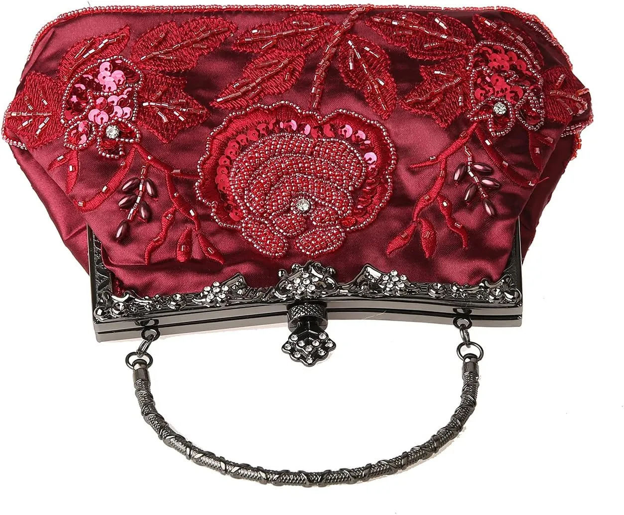 Womens Vintage Floral Beaded Rhinestone Embroidery Clutch Sequin Crossbody Bag Evening Handbag for Bridal Wedding Party Prom