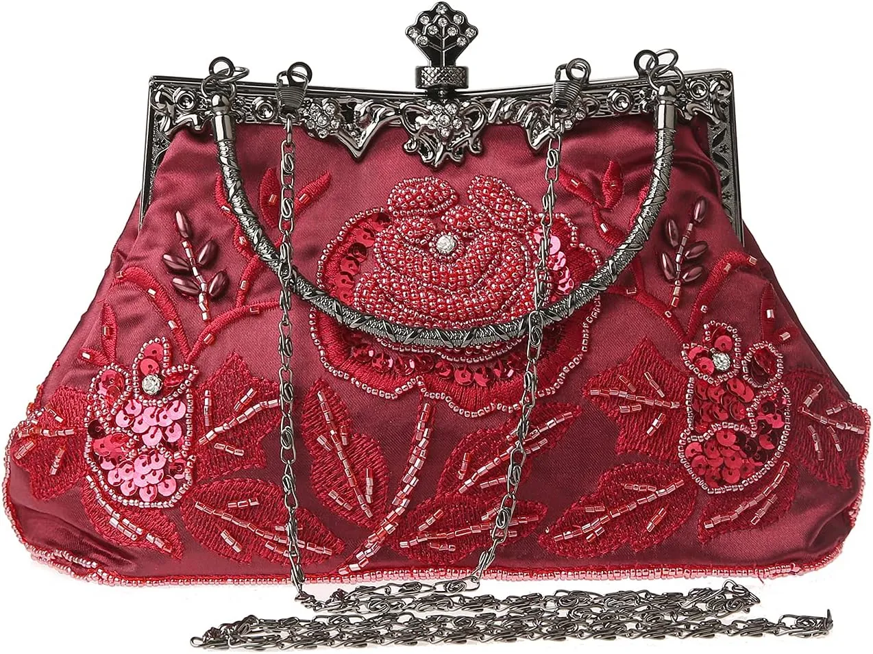 Womens Vintage Floral Beaded Rhinestone Embroidery Clutch Sequin Crossbody Bag Evening Handbag for Bridal Wedding Party Prom