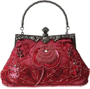 Womens Vintage Floral Beaded Rhinestone Embroidery Clutch Sequin Crossbody Bag Evening Handbag for Bridal Wedding Party Prom