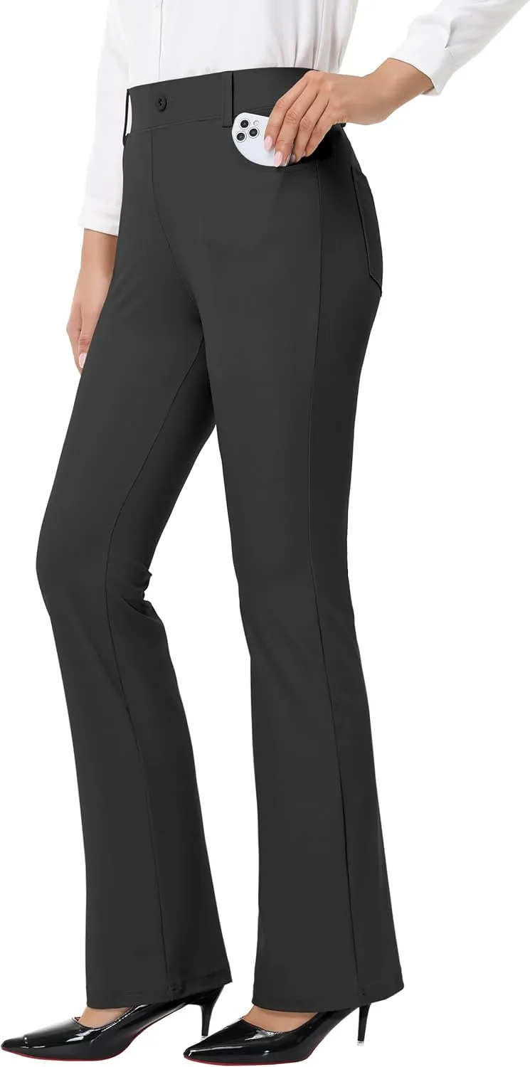 Women's Yoga Dress Pants - 28"/30" Stretchy Straight Leg Work Office Casual Trouser Pant with Belt Loops 5 Pockets