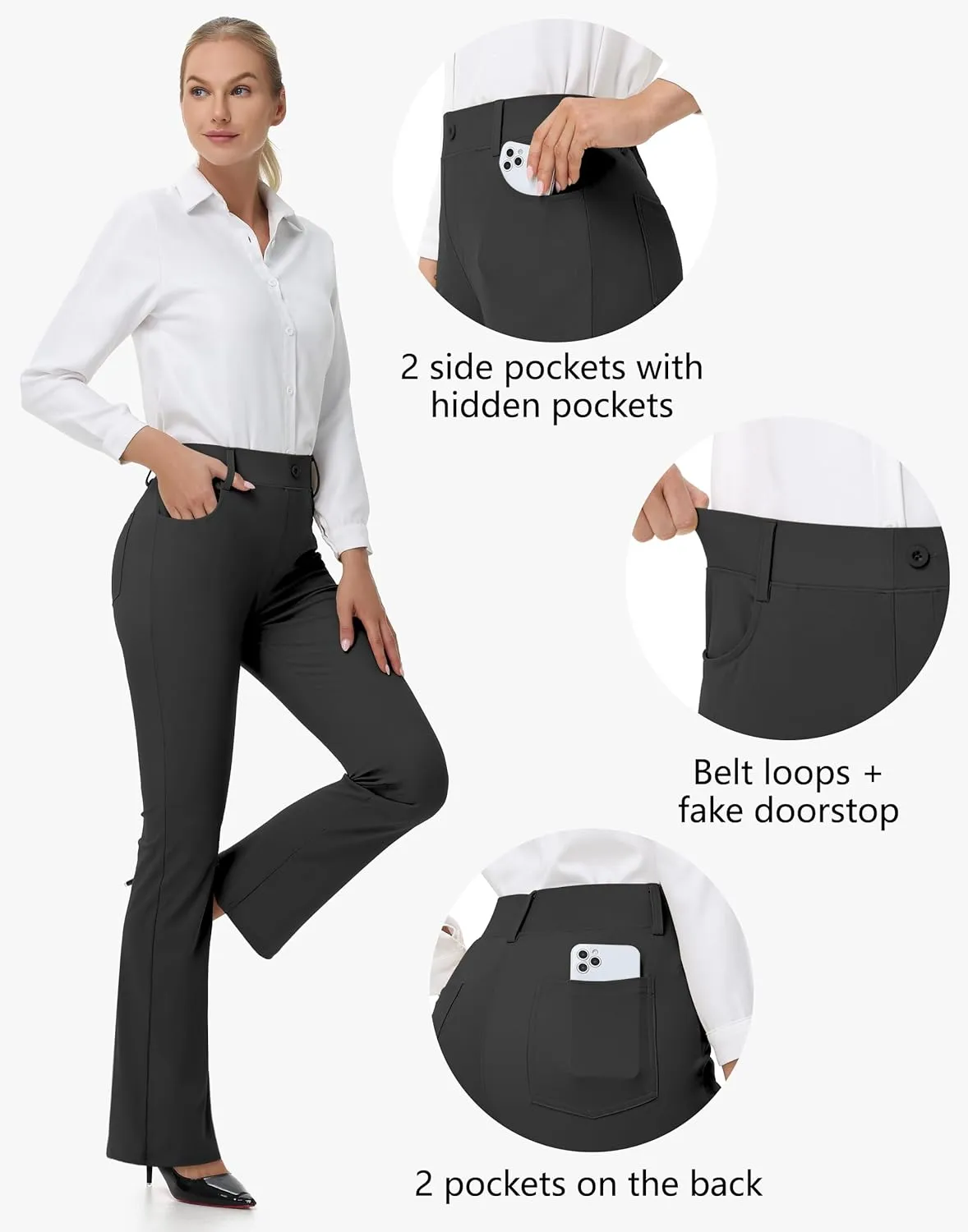 Women's Yoga Dress Pants - 28"/30" Stretchy Straight Leg Work Office Casual Trouser Pant with Belt Loops 5 Pockets