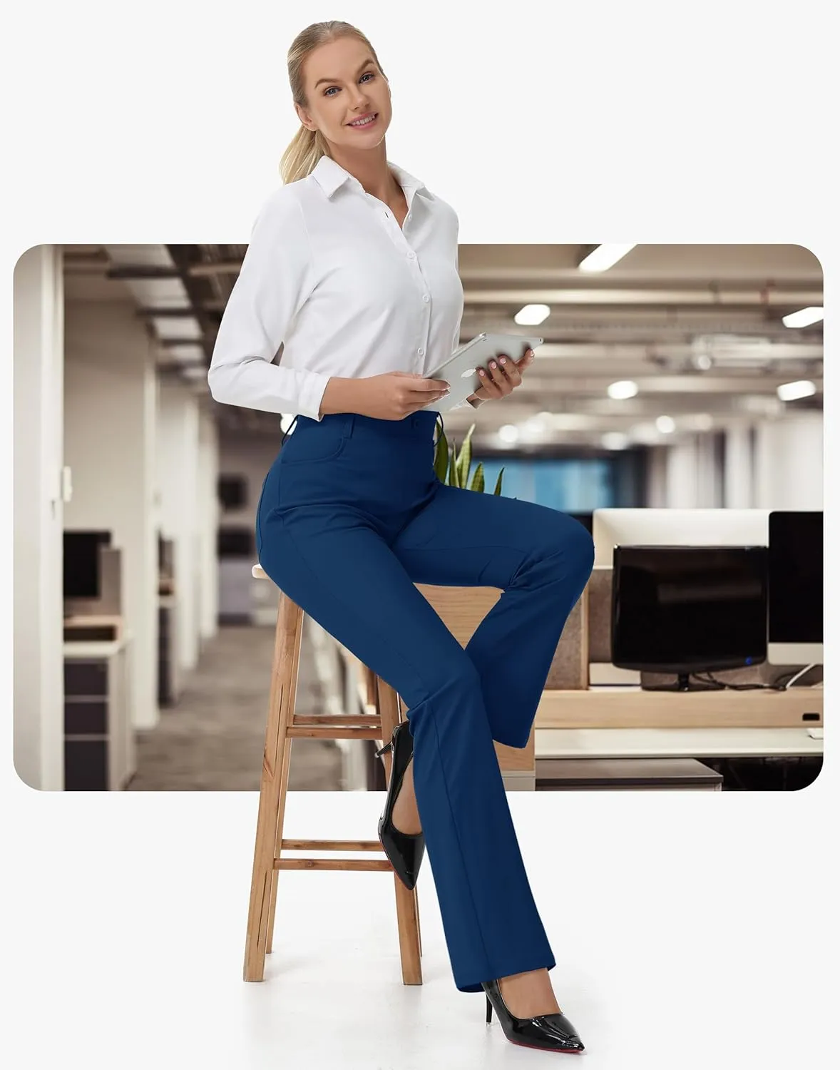 Women's Yoga Dress Pants - 28"/30" Stretchy Straight Leg Work Office Casual Trouser Pant with Belt Loops 5 Pockets