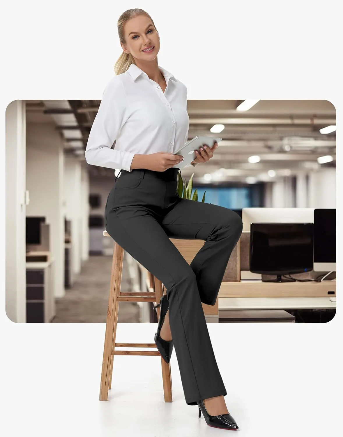 Women's Yoga Dress Pants - 28"/30" Stretchy Straight Leg Work Office Casual Trouser Pant with Belt Loops 5 Pockets
