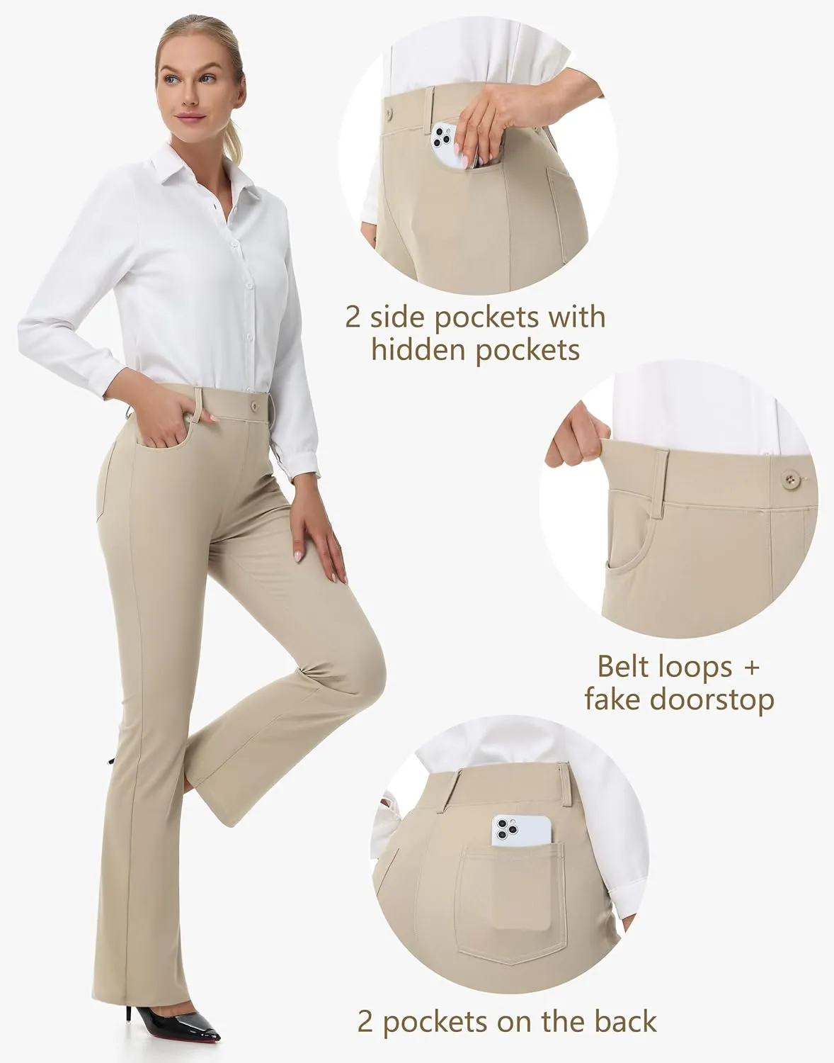 Women's Yoga Dress Pants - 28"/30" Stretchy Straight Leg Work Office Casual Trouser Pant with Belt Loops 5 Pockets