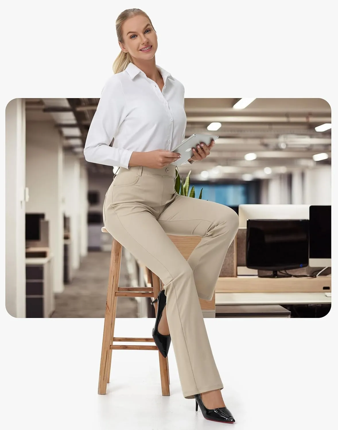 Women's Yoga Dress Pants - 28"/30" Stretchy Straight Leg Work Office Casual Trouser Pant with Belt Loops 5 Pockets