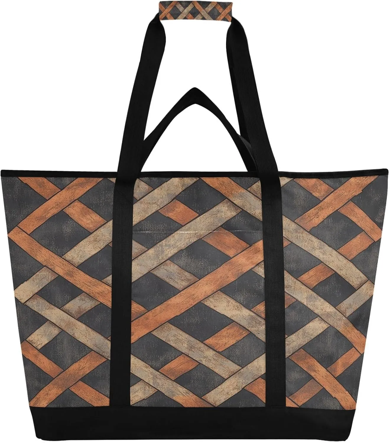 Wood Plaid Reusable Insulated Lunchbox Cooler Bag, Leakproof Kitchen Grocery Bag Collapsible Portable Cooler Tote Bag for Picnic, Camping, Office, Travel