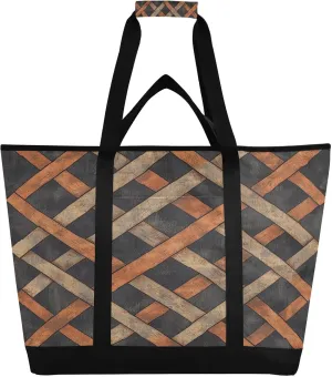 Wood Plaid Reusable Insulated Lunchbox Cooler Bag, Leakproof Kitchen Grocery Bag Collapsible Portable Cooler Tote Bag for Picnic, Camping, Office, Travel