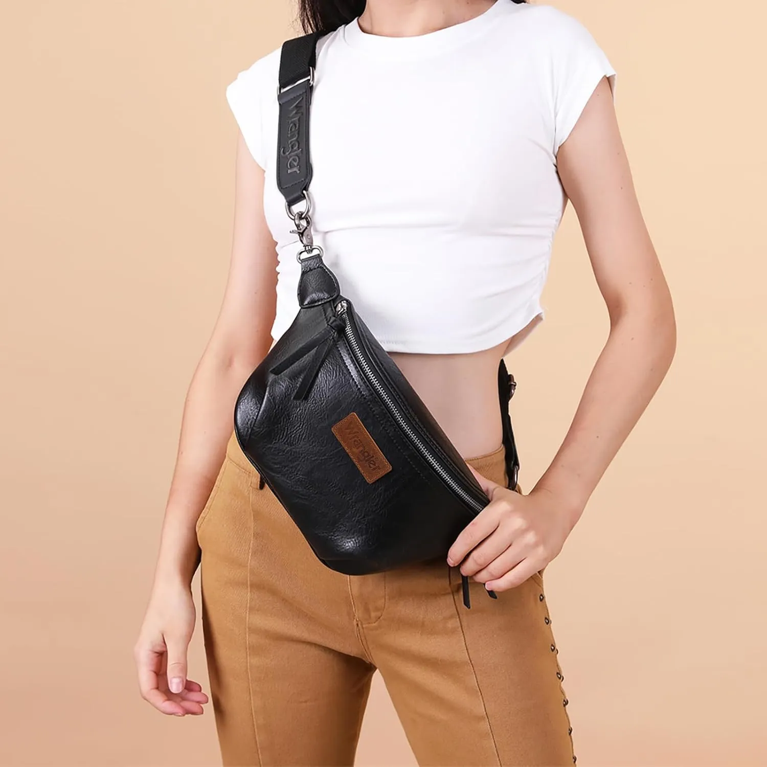 Wrangler Large Fanny Packs for Women Waist Bag Travel Belt Bags Crossbody Sling Purse Black