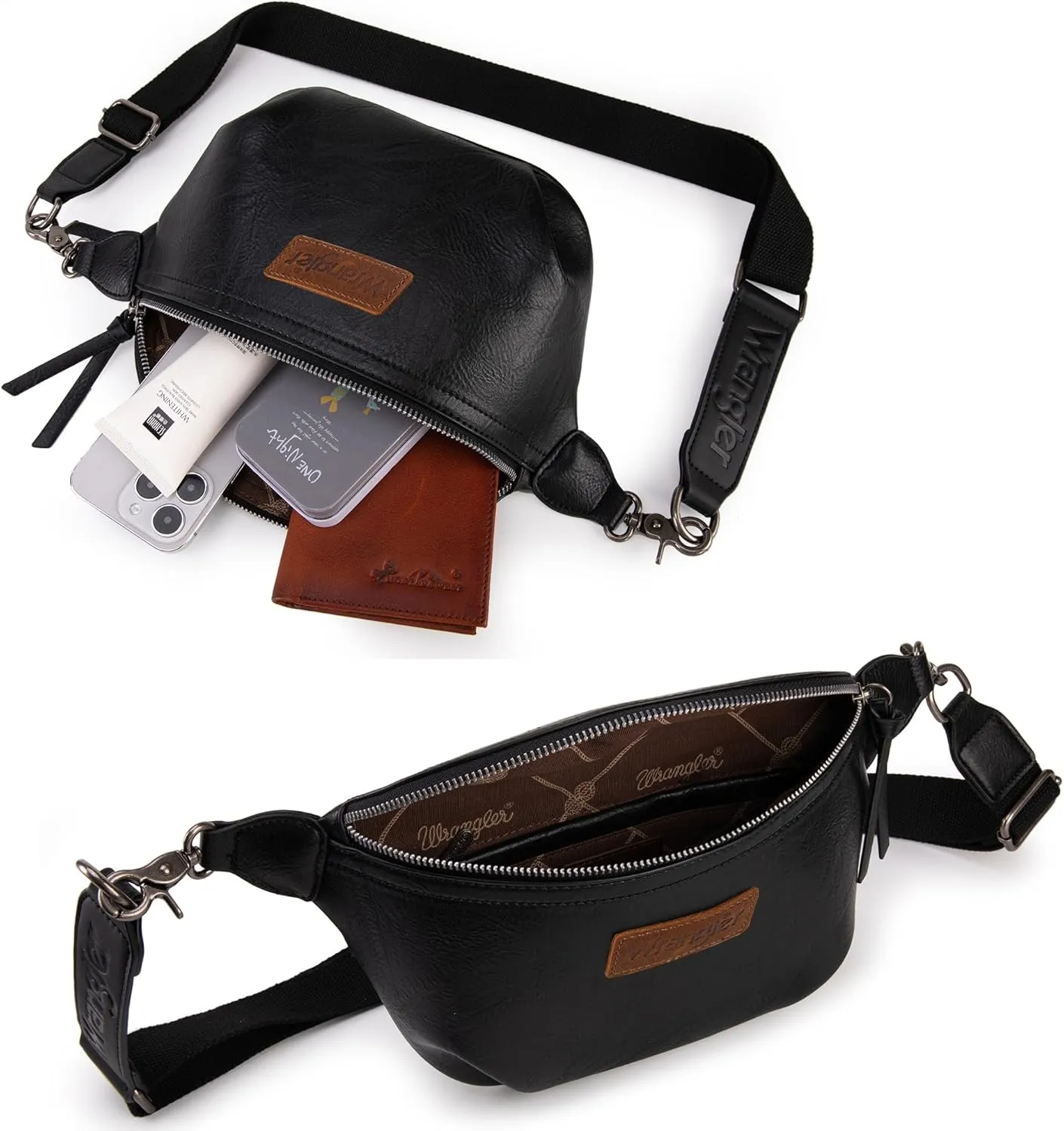 Wrangler Large Fanny Packs for Women Waist Bag Travel Belt Bags Crossbody Sling Purse Black