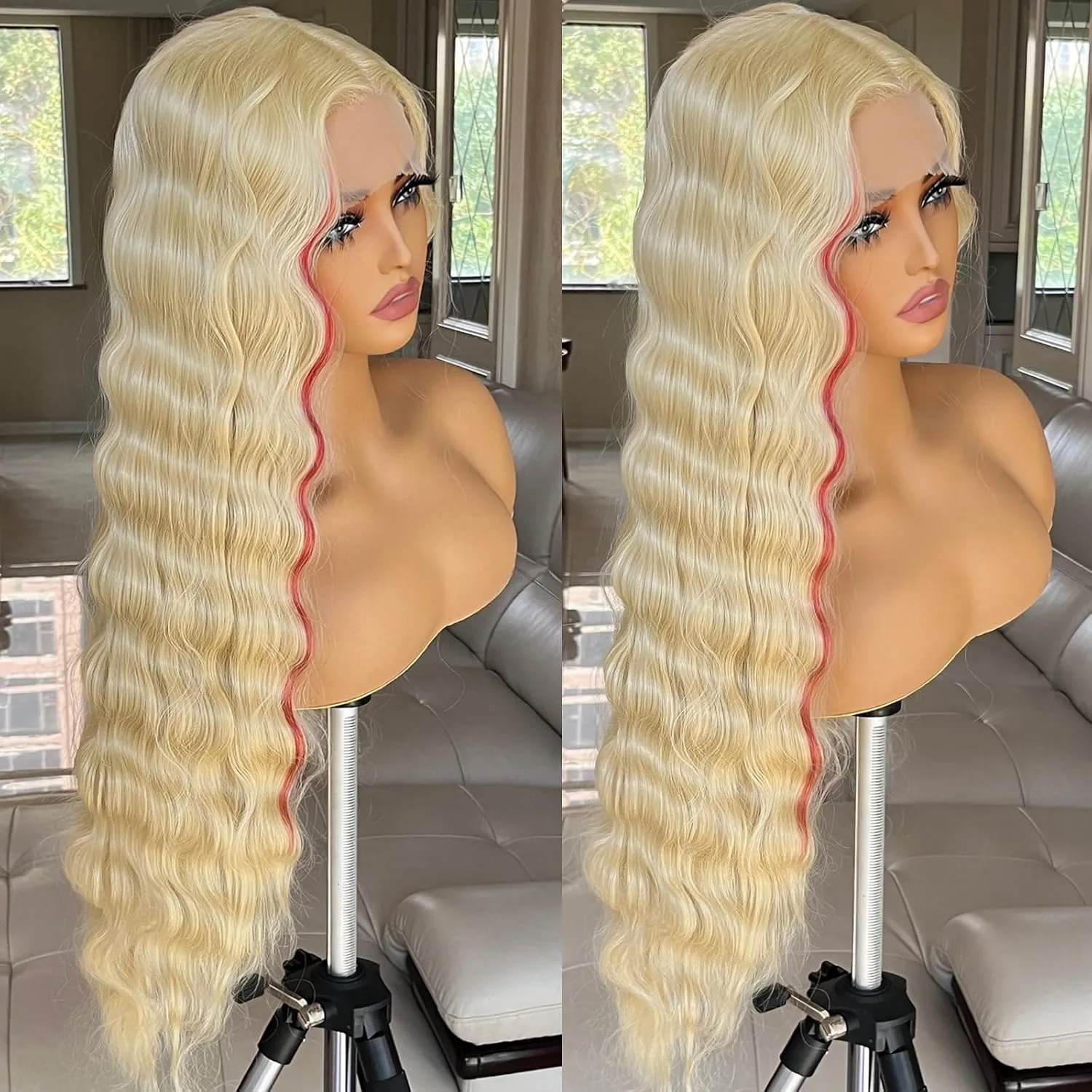 X-TRESS 30" Skunk Stripe Blonde Synthetic Lace Front Wig with Red Highlights, 13x4x1 Loose Deep Wave Glueless Pre-Plucked Wig for Black Women