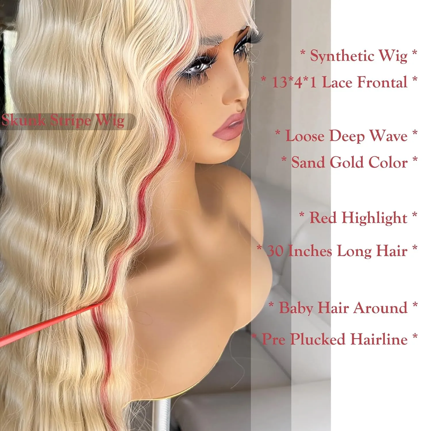 X-TRESS 30" Skunk Stripe Blonde Synthetic Lace Front Wig with Red Highlights, 13x4x1 Loose Deep Wave Glueless Pre-Plucked Wig for Black Women